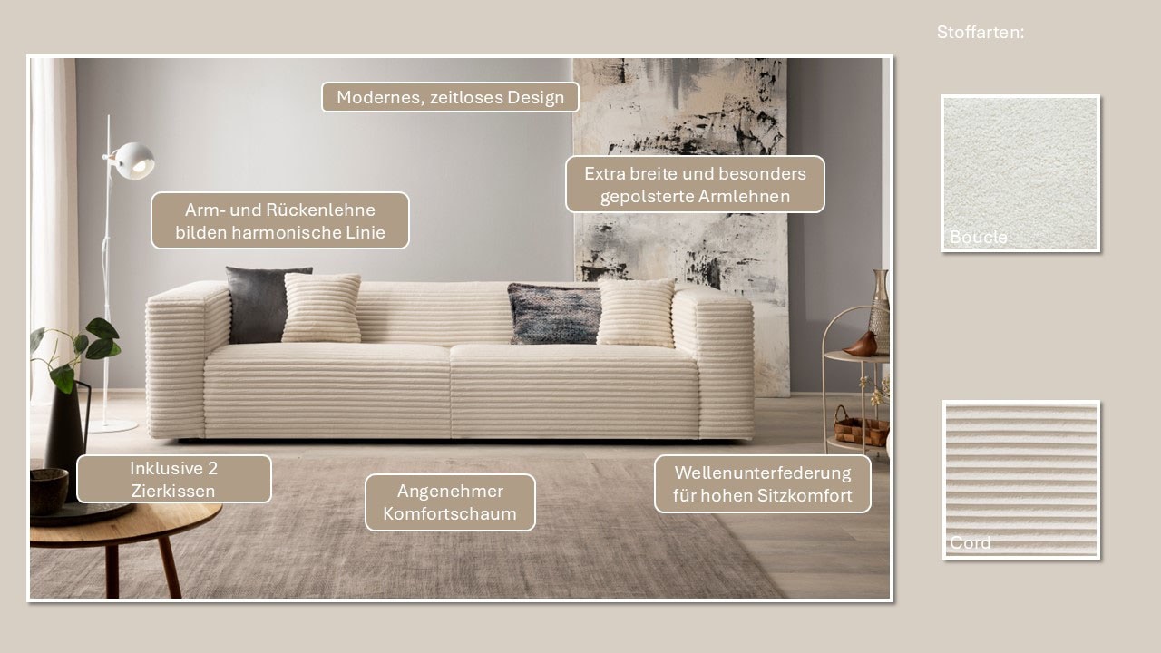 Home affaire 3-Sitzer »BAKELS, Couch in Cord oder Boucle-Stoff, Sofa im modernen Design« bequemer Sitzkomfort,in 2 Stoffen und 8 Farben lieferbar