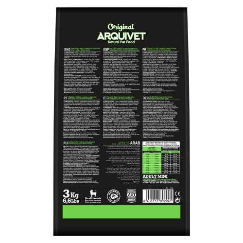 Ração Arquivet sabor frango original para cães adultos de raças pequenas.