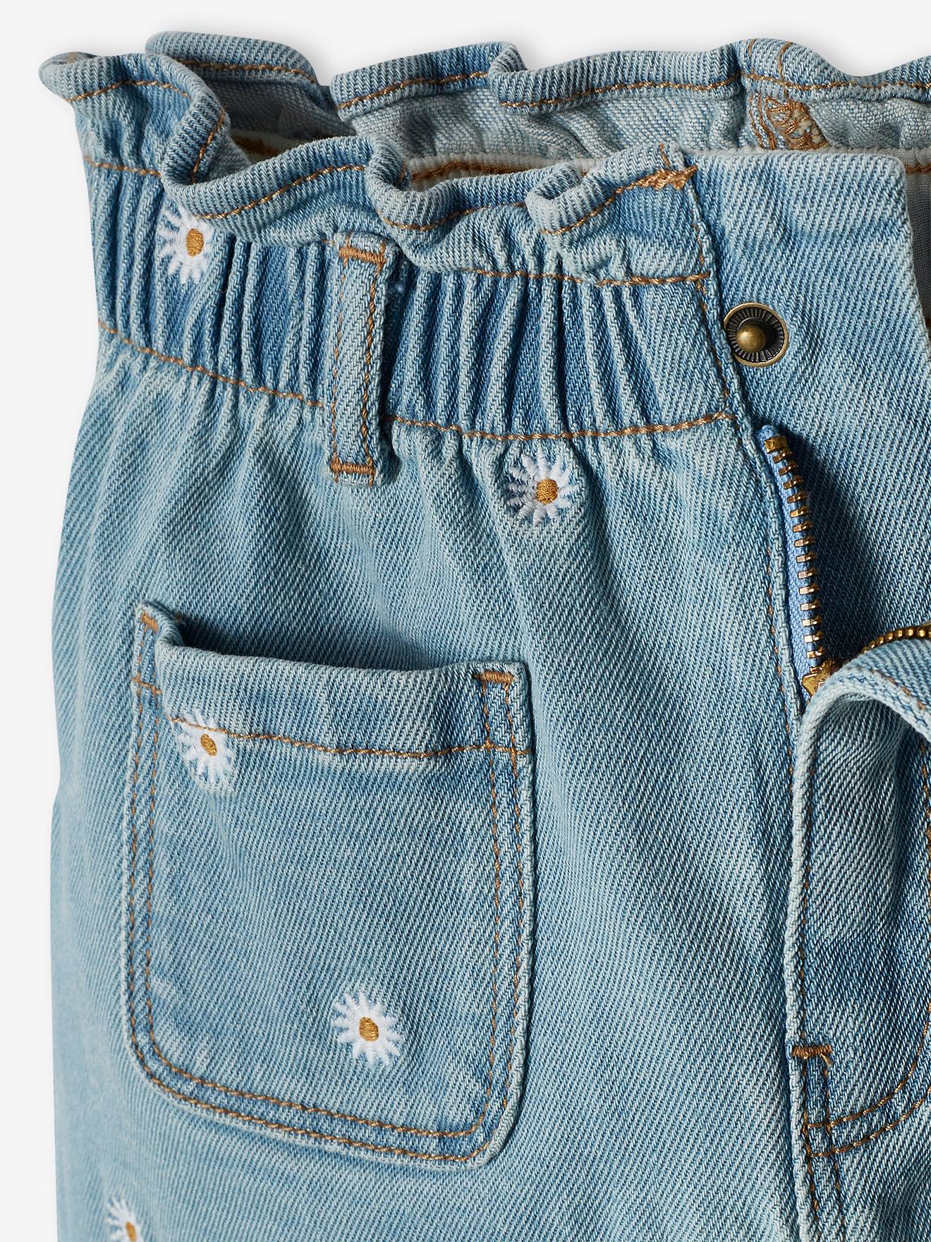 Saia jeans com bordado floral para meninas, pedraria dupla