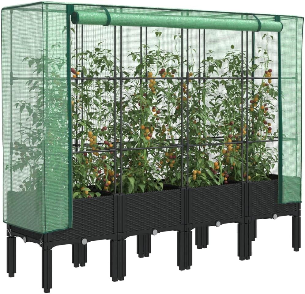 vidaXL Hochbeet mit Gewächshaus-Aufsatz, Pflanzbeet mit Eisenrohr-Rahmen, Gemüsebeet für Garten Terrasse Balkon, Pflanzkasten Frühbeet, Rattan-Optik