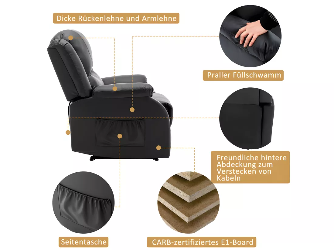 Fauteuil relax en cuir - Noir - Sweiko