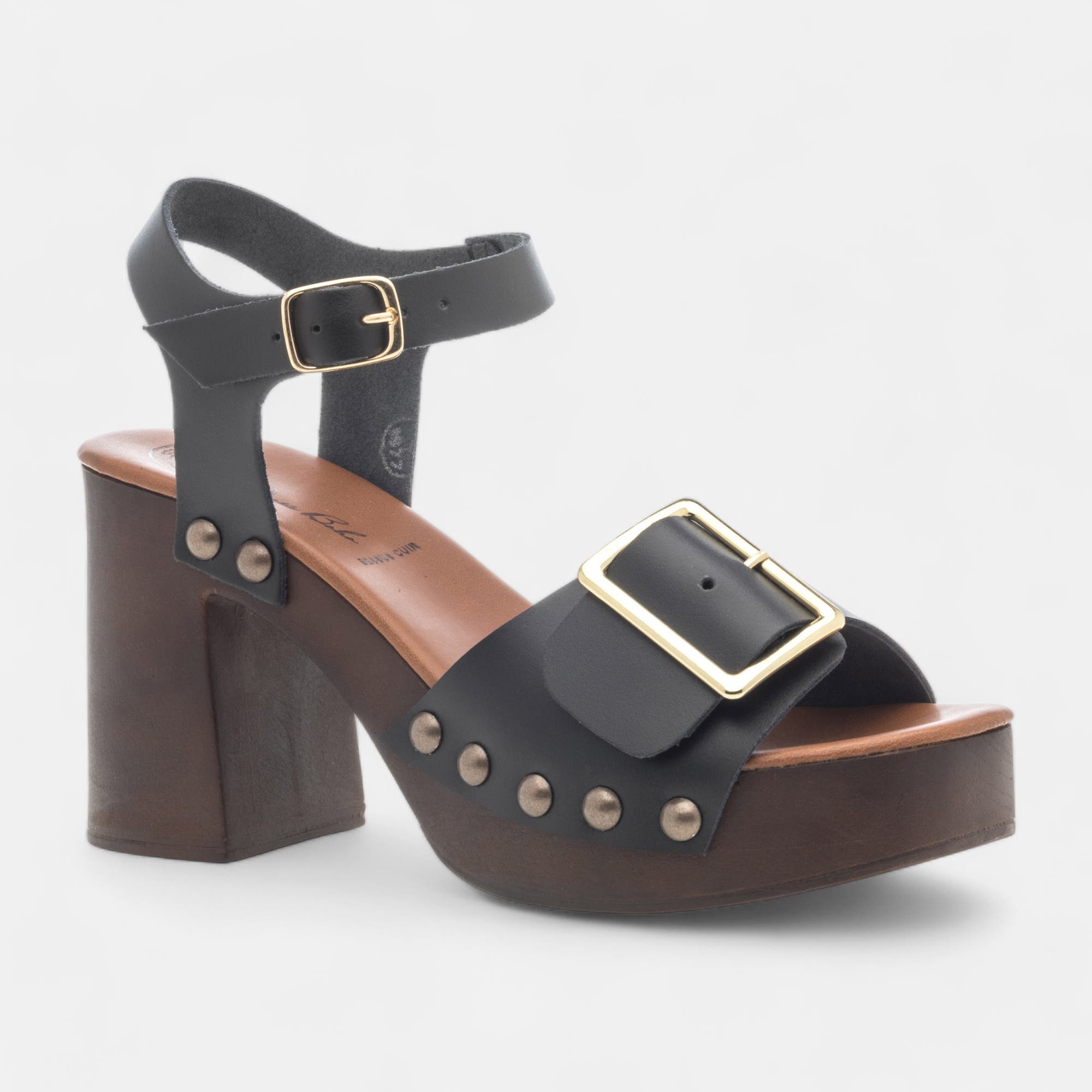 Chaussures semelle bois à talon Femme en cuir noir