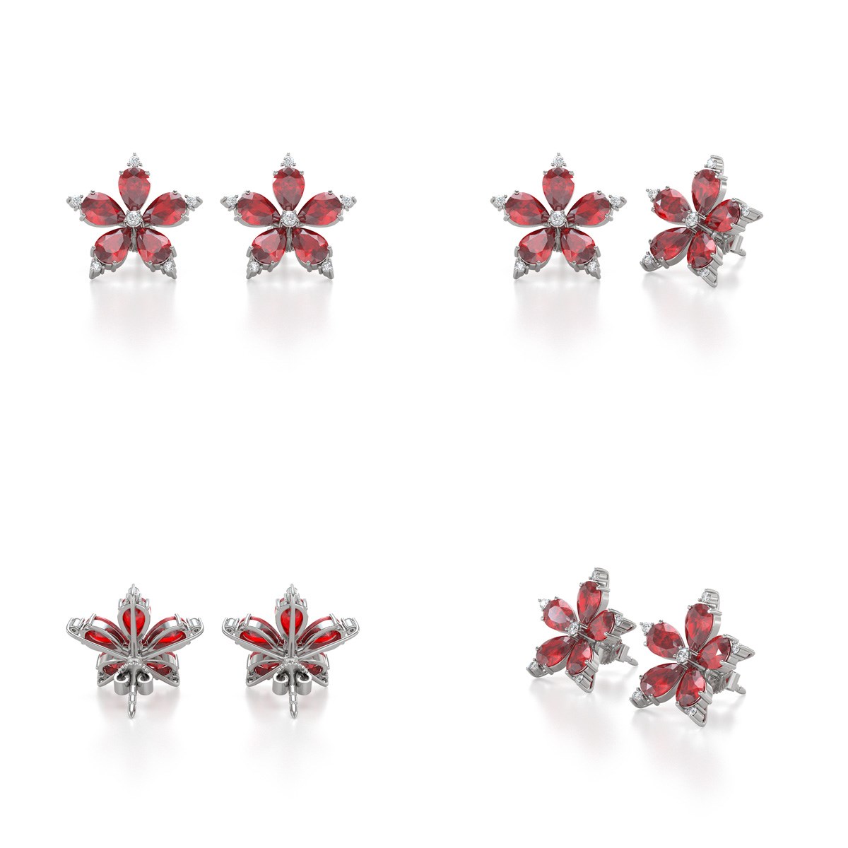 Boucles d'oreilles ADEN Fleur Rubis et Diamants sur Argent 925 4.52grs