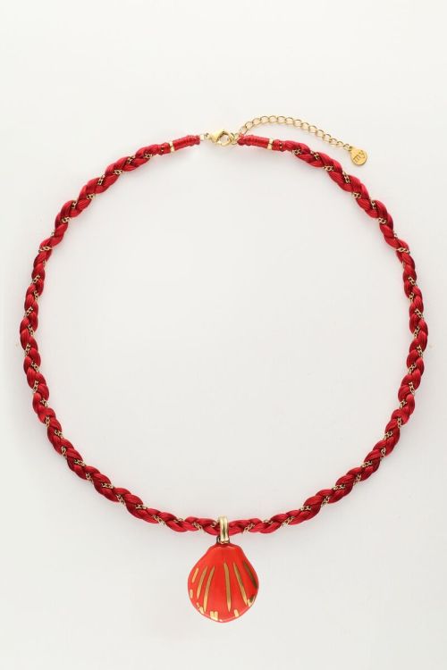 Art rode gevlochten koord ketting met schelp