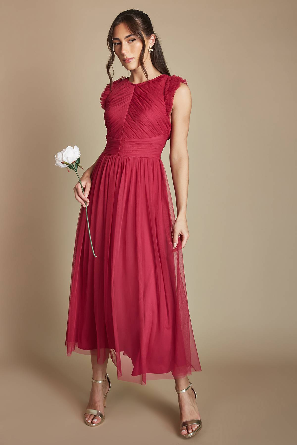 Oasis Robe De Demoiselle D'honneur Mi-longue En Tulle À Volants Et Corsage Plissé
