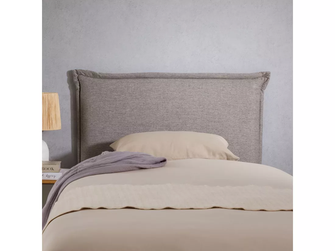 Tête de lit NERINA 90 rembourrée, En tissu polyester pour lit 90 cm, Sur pieds en bois, Gris