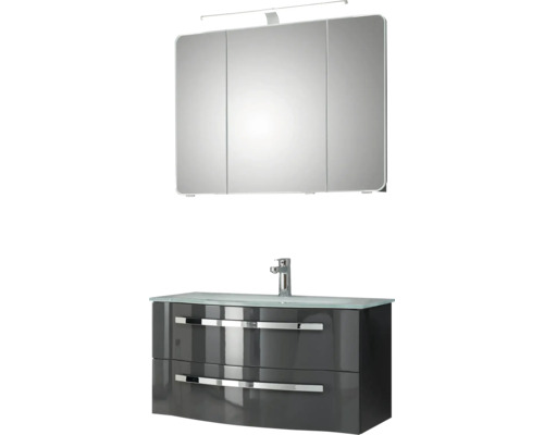 3-delige badkamermeubelset Pelipal xpressline 4005 BxHxD 92 x 200 x 49,1 cm, fronten hoogglans grijs, met witte glazen wastafel en glazen wastafelmeubel, wastafelkast, spiegelkast met LED-verlichting, chromen greep, 992.0900112 9920900112