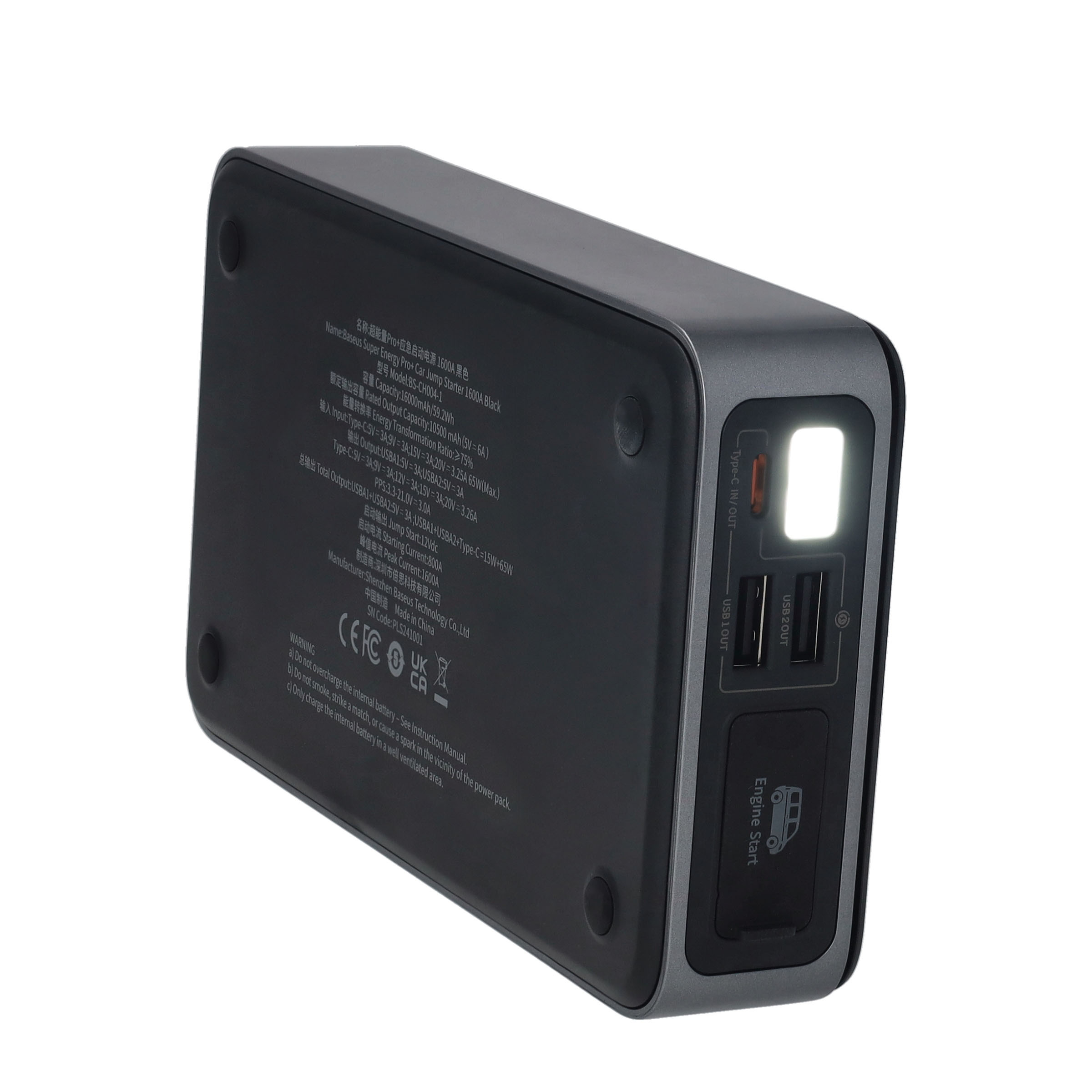 (16000mAh) Powerbank mit Jumpstart Power Starter Funktion USB C Dual USB A   Auto Starthilfe Überbrückungskabel   LED Taschenlampe - Schwarz