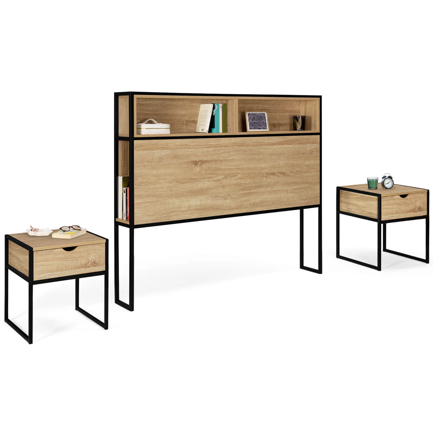 Tête de lit sur pied DETROIT 165 cm avec 2 tables de chevet bois et métal noir design industriel