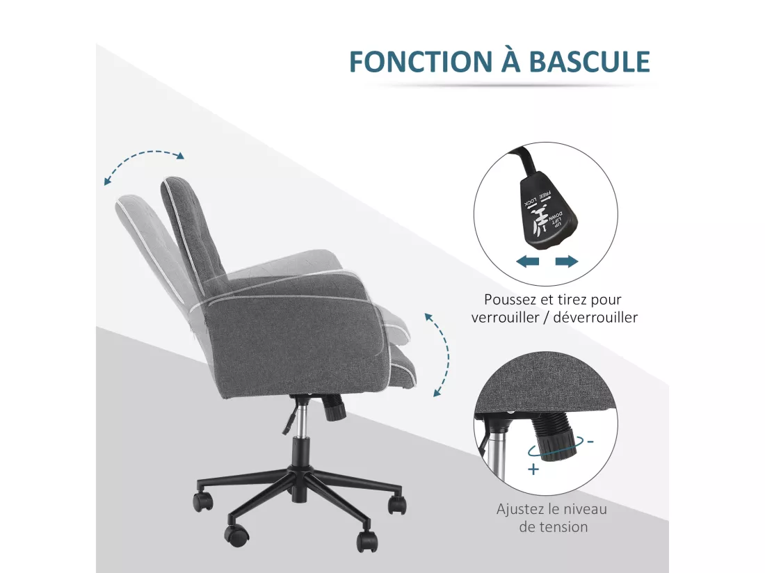 Fauteuil de bureau chaise de bureau hauteur réglable roulettes pivotant 360° tissu chanvre 69L x 66l x 89,5-97H cm gris chiné