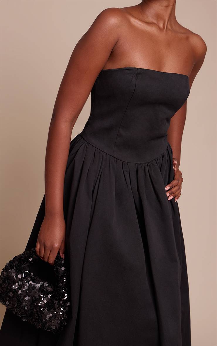 Noir Robe Patineuse Mi-longue À Bandeau Froncé En Tissu Tissé