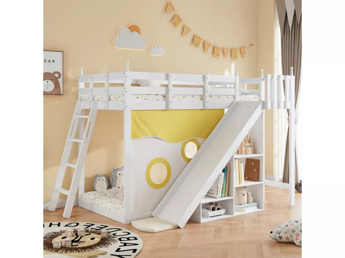 Lits superposés 2x90x200cm - avec escaliers et clôtures - toboggan avec rangement - Pin - Blanc