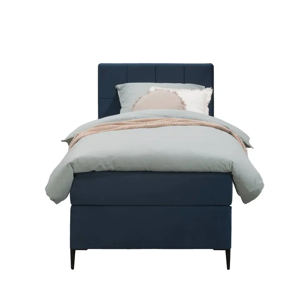 Boxspring Liv geblokt - blauw - 90x200 cm - slanke poot
