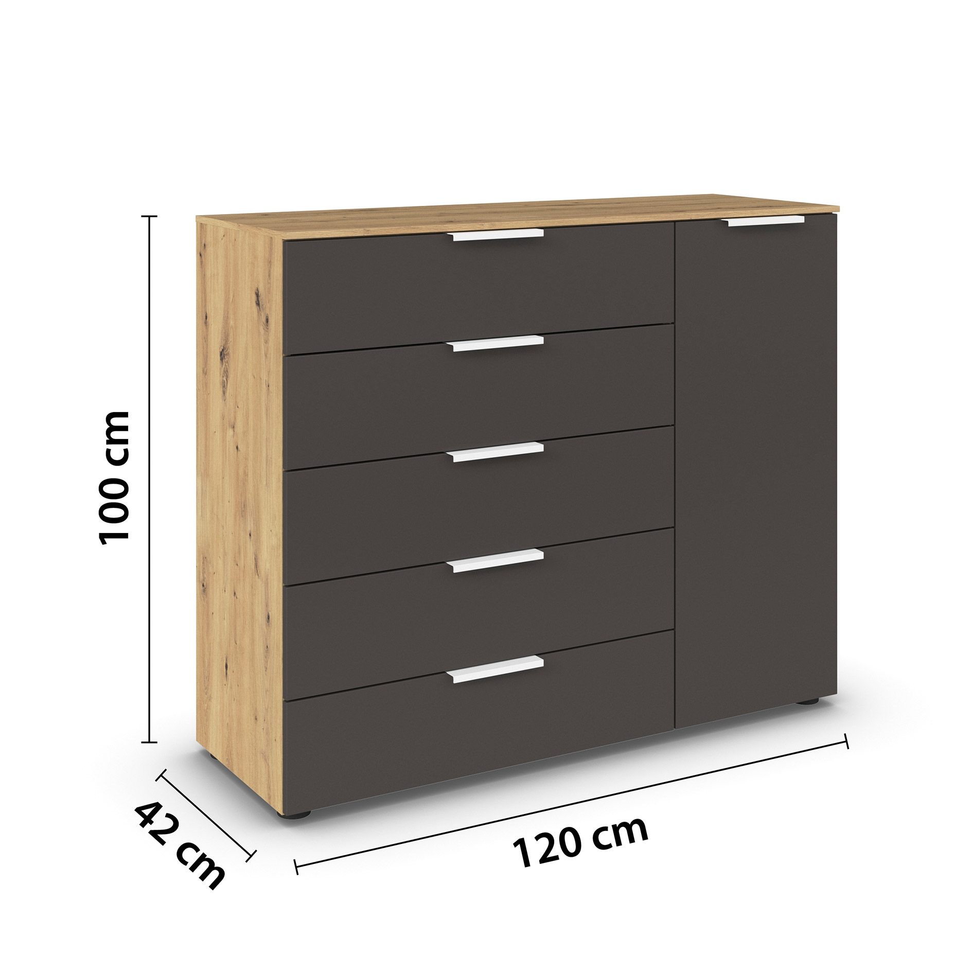 Kommode - Artisan Eiche-graphit - weiße Griffe - 120 cm