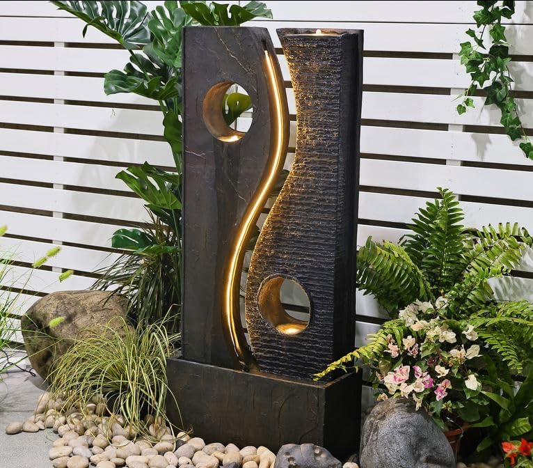 Wacredo Premium Wasserspiel Komplettset Gambia 119cm Zimmerbrunnen Indoorbrunnen Springbrunnen Gambia Schieferoptik architektonisch Gesteinswand f. Wohnraum und Garten mit 3X LED Spots; 1X LED Band