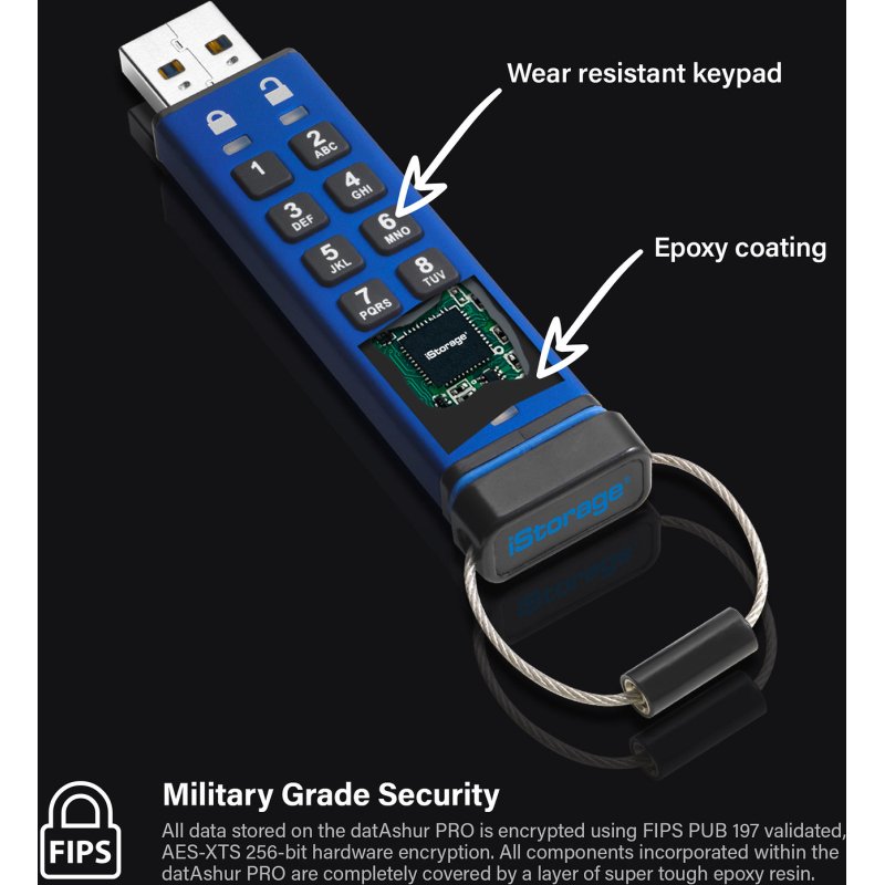 iStorage datAshur Pro USB3 256GB lecteur USB flash 256 Go USB Type-A 3.2 Gen 1 (3.1 Gen 1) Bleu