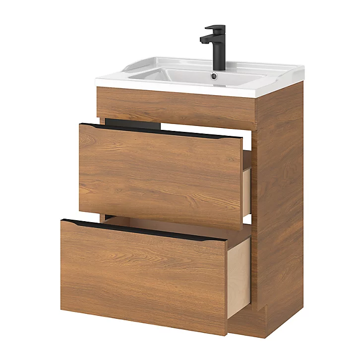 Ensemble salle de bains l.60 cm meuble à poser Imandra décor noyer + plan vasque céramique blanc