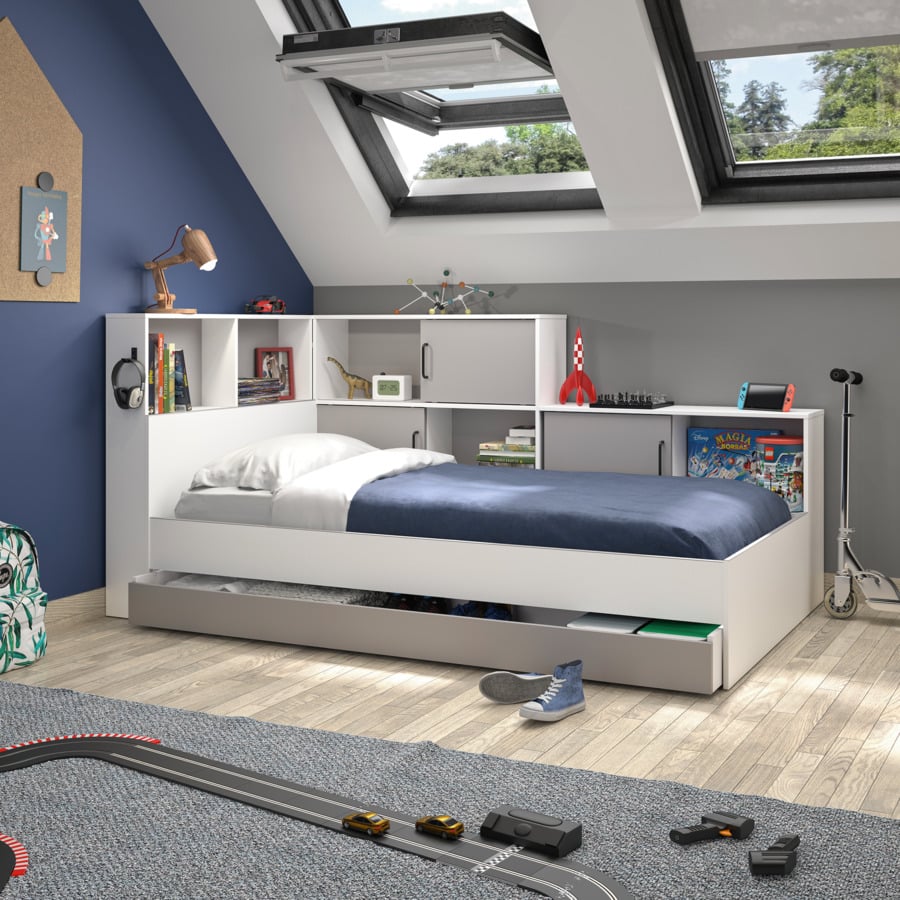 Bett Erwan Dekor Eiche Artisan weiss 90 x 200 cm, mit Stauraum