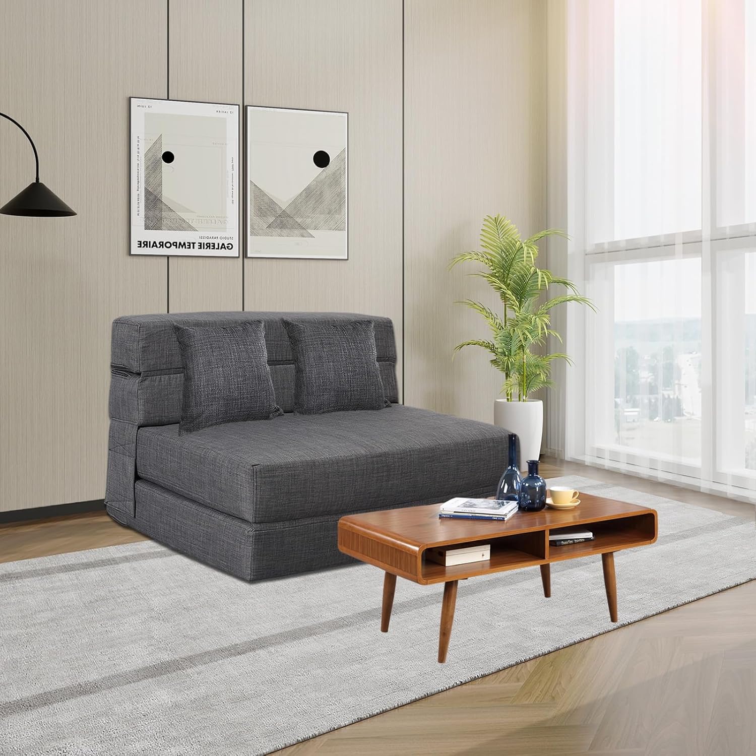 ANONER Canapé Convertible 2 Places 150cm de Large, Pliable en Mousse à Mémoire de Forme & 2 Oreillers, Lit Pliant de Sol pour Chambre Salon, Gris Foncé