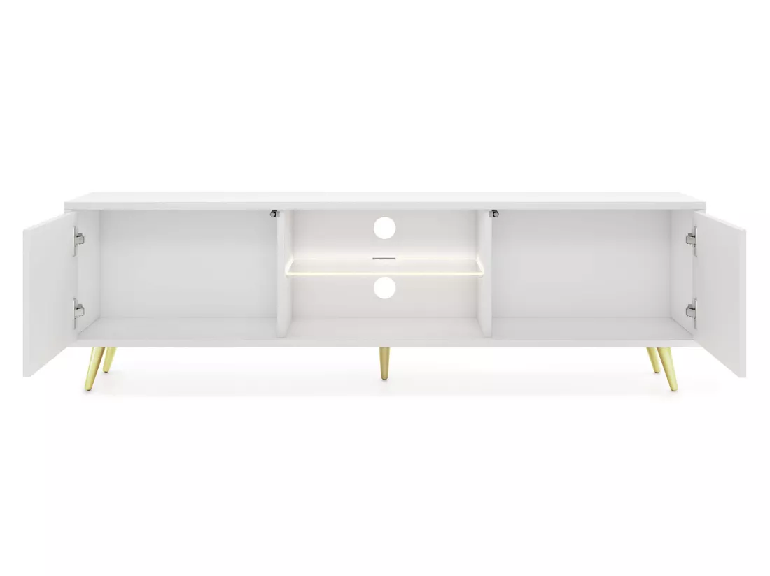 Meuble tv - 135 cm - blanc - façades à lamelles et pieds dorés - avec LED - Selsey Bello