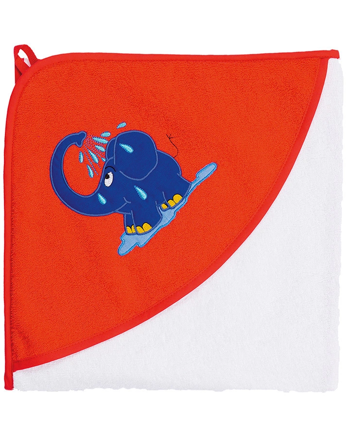Kapuzenbadetuch DER KLEINE BLAUE ELEFANT (100x100) in weiß/rot