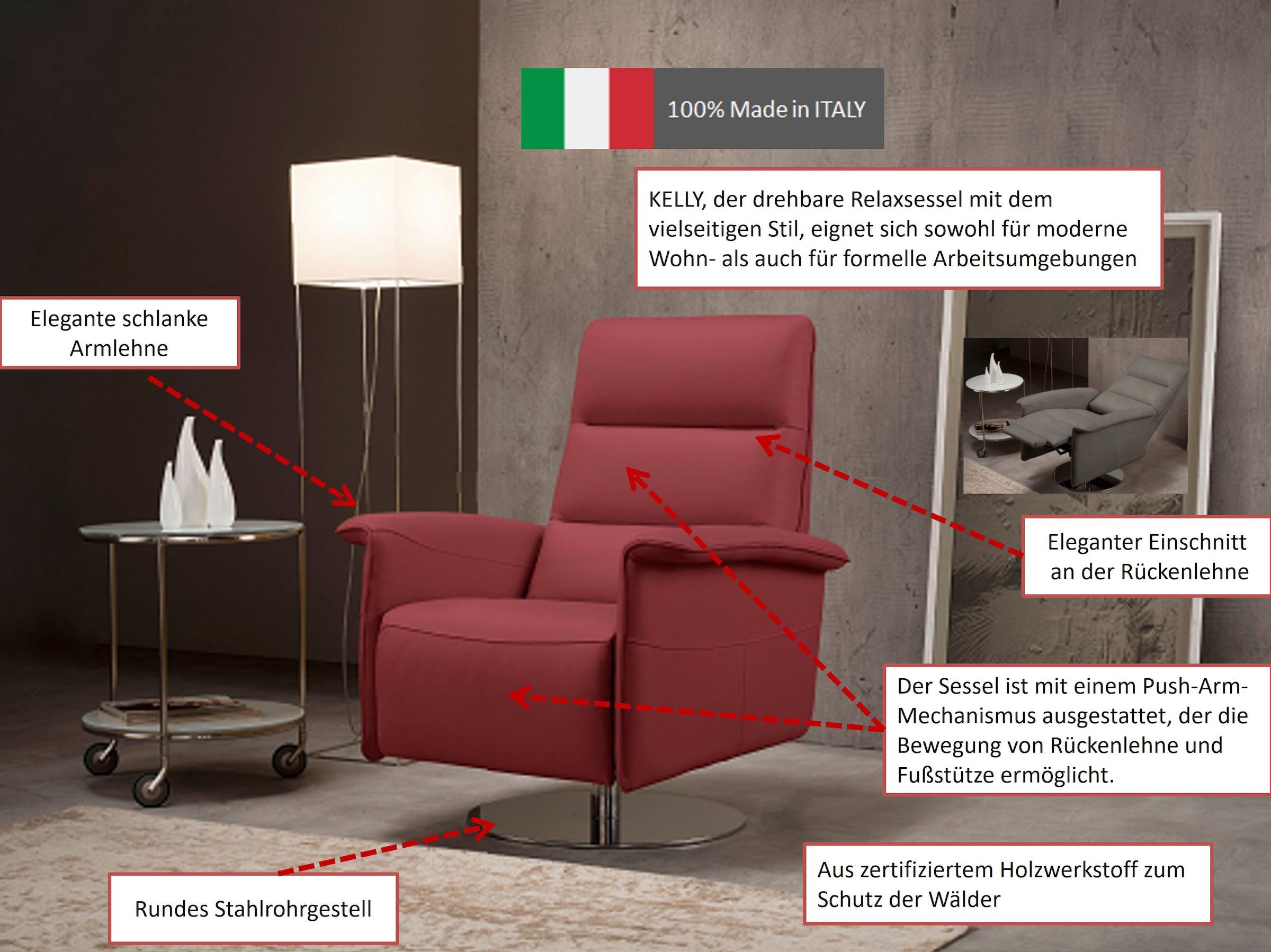 Egoitaliano Sessel »Kelly Designsessel, Clubsessel & Relaxsessel, bequem, zeitlos elegant« drehbar, manuelle Relaxfunktion mit Push-Back-Mechanismus