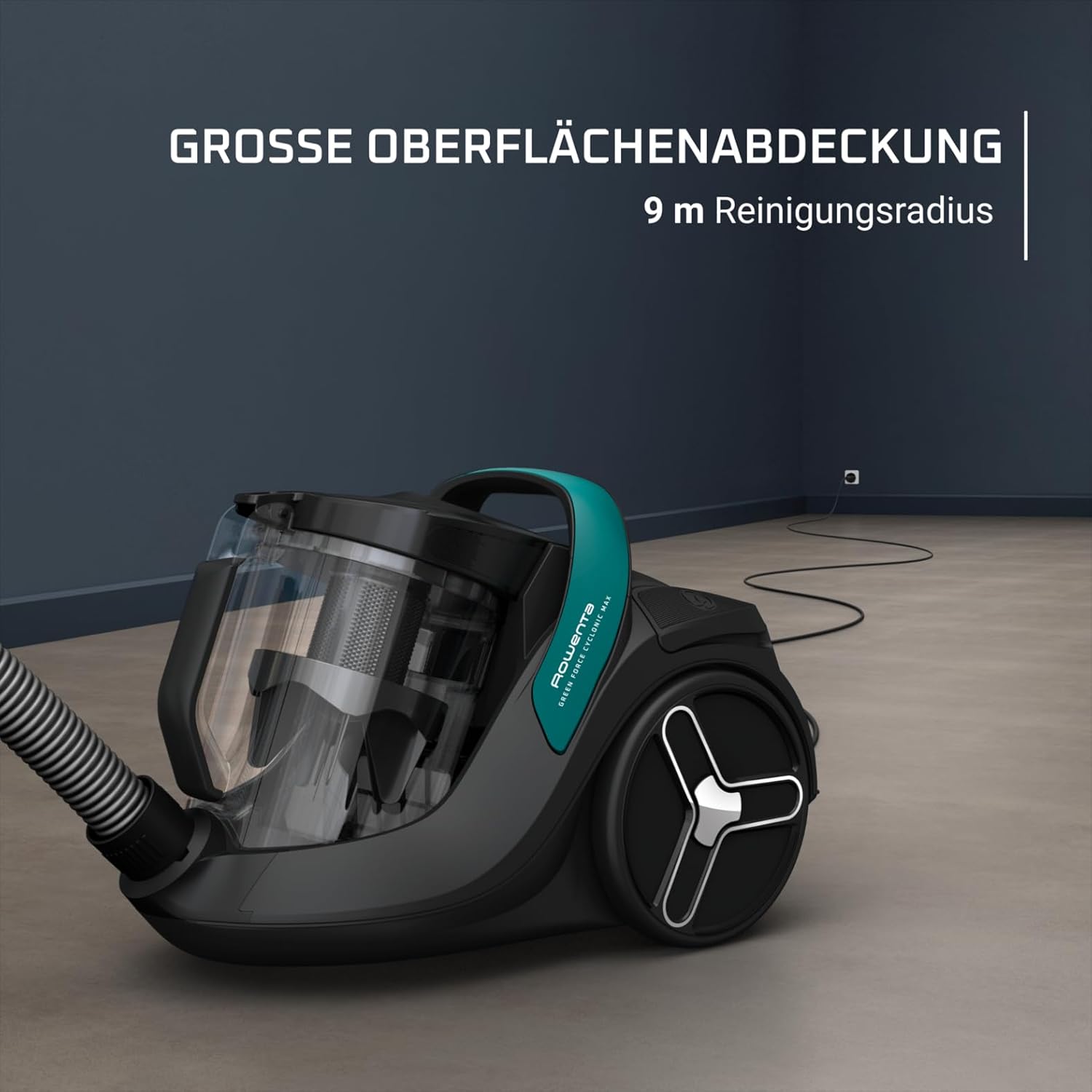 Rowenta Green Force Cyclonic Max Bodenstaubsauger ohne Beutel, 900 Watt Motor, 73 Dezibel, 2,5 Liter Fassungsvermögen, 9 m Reinigungsradius, Öko-Design, Schwarz-Grün, RO7B12