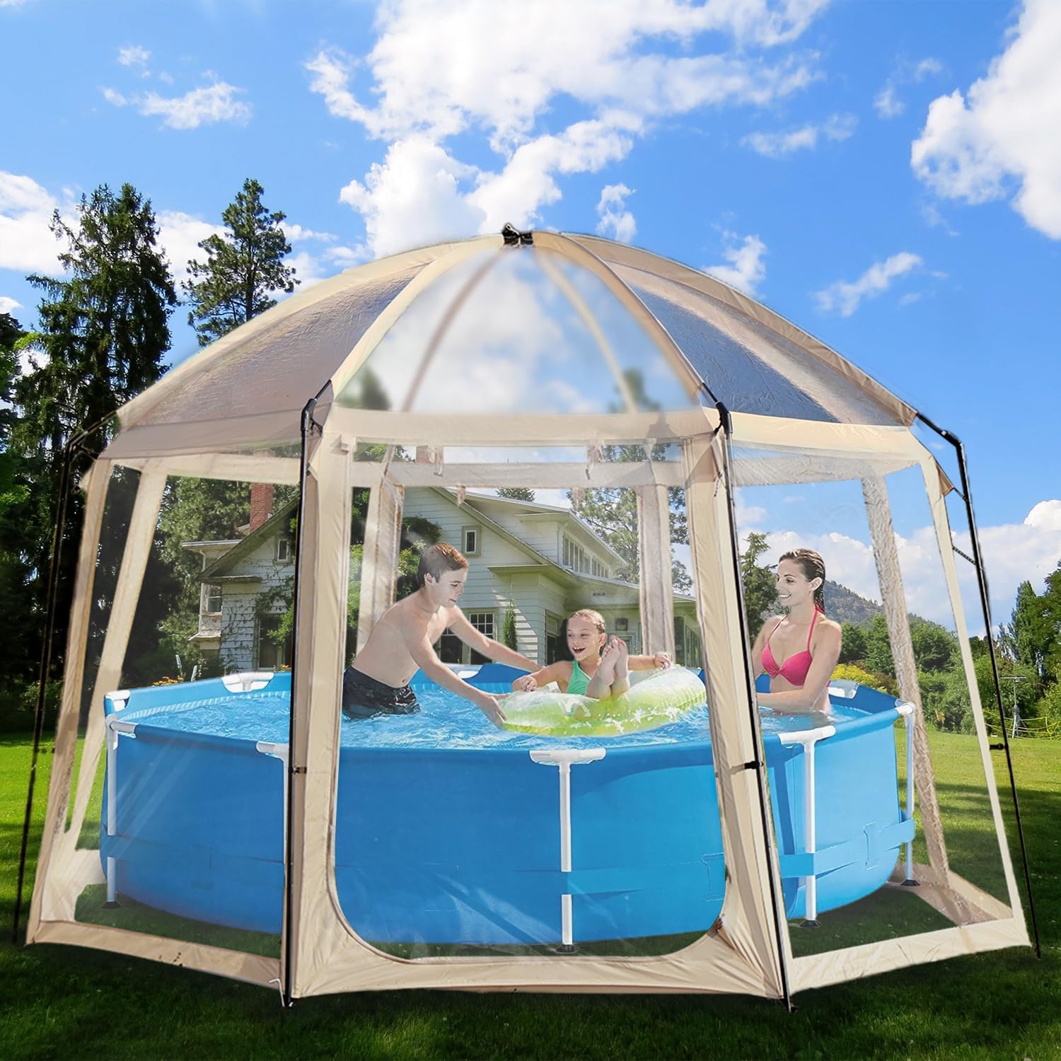 Poolabdeckung Rund – 400x400x250cm – Pool Dome für Pools bis ca. Ø 305cm – Poolzelt Mit Zwei große Reißverschlusstüren - Pool Sonnenschutz SPF35+ – Pool Überdachung Blockiert Blätter und Vogelkot.
