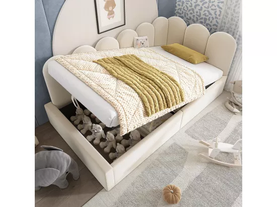 LIT GIGOGNE 90x190 cm,Lit de jour Canapé-lit avec rangement hydraulique, Lit d'enfant Velours, Beige, sans matelas