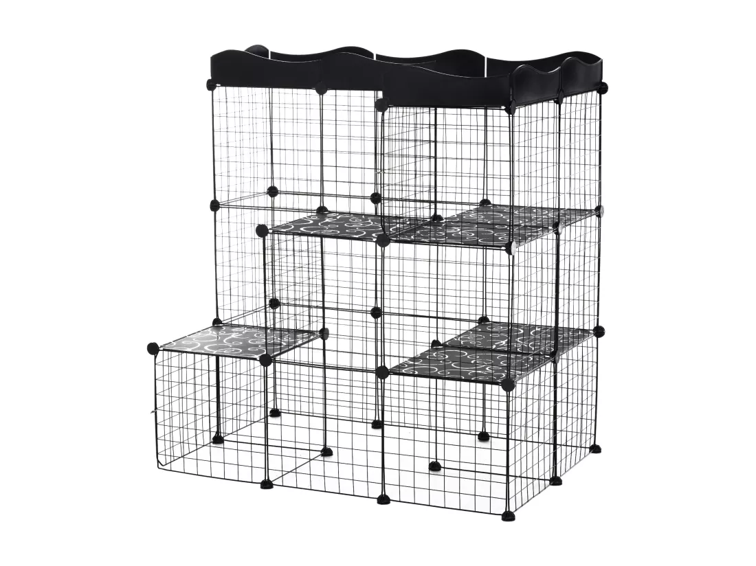 Cage parc enclos chat modulable dim. L105 x l70 x H105 cm 3 niveaux 2 portes rampe plateformes PE motif graphique fil métallique noir