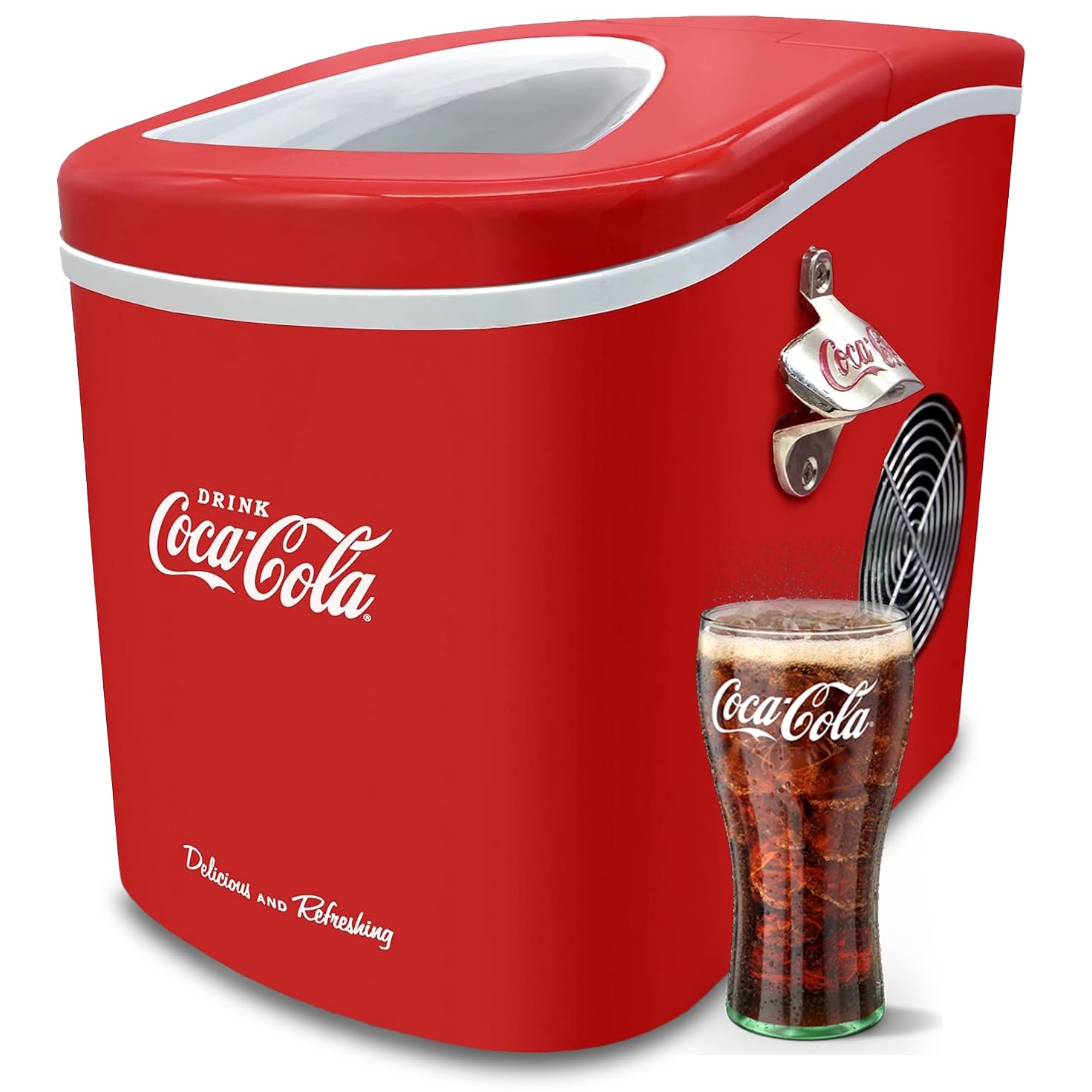 Salco Coca Cola Eiswürfelmaschine – Ice Maker mit 2 Eiswürfelgrößen – 12 kg Eiswürfel pro Tag – Retro-Design Rot – Tragbare Eiswürfelmaschine für Cocktails, Getränke & Partys
