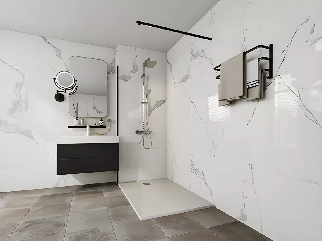 Receveur extra-plat à poser ou à encastrer découpable en résine SMC avec siphon - Blanc - 120 x 90 cm - MIRNOSA