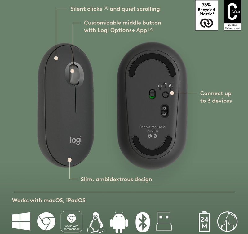 Logitech - Pebble 2 - Draadloos Toetsenbord en Muis - Zwart - Gerecycled Plastic