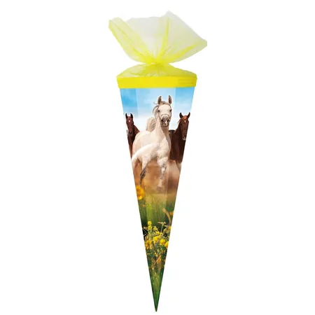 Nestler Schultüte Wildpferde 50 cm eckig Tüll/KreppBorte gelb