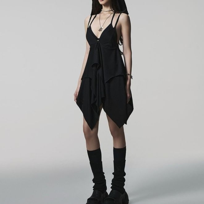 Sugarcoat - Spaghettibandjes effen asymmetrische mini A-lijn jurk