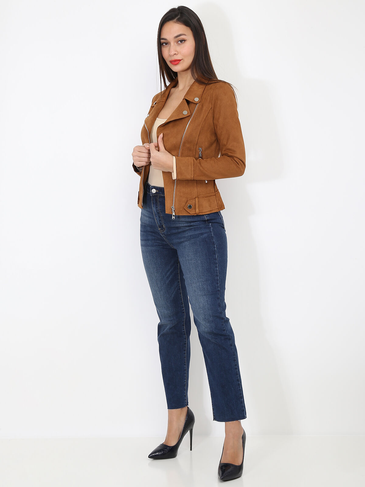 Blouson biker zippé en suédine- Camel foncé