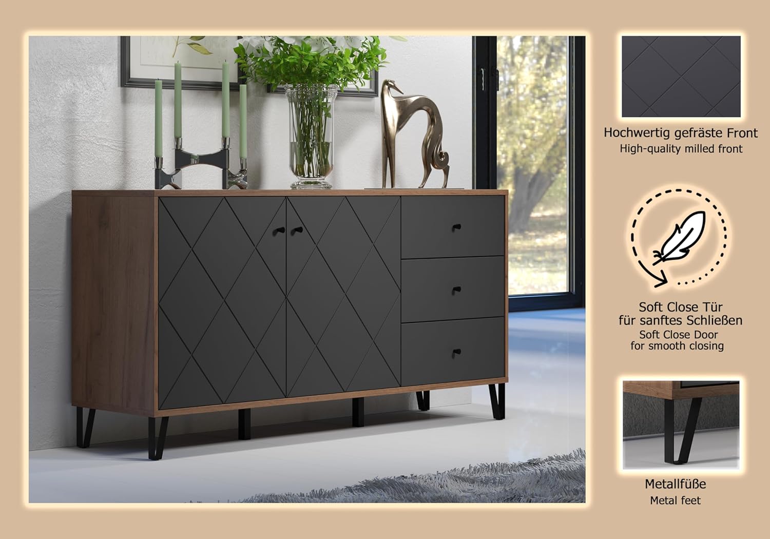 trendteam smart living - Montez - Sideboard - Eiche Kraft Gold/Graphite - 4 Fächer und 3 Schubladen - (BxHxT) 183 x 76 x 40 cm - Soft-Close- und Vollauszug-Funktion - kratzfest