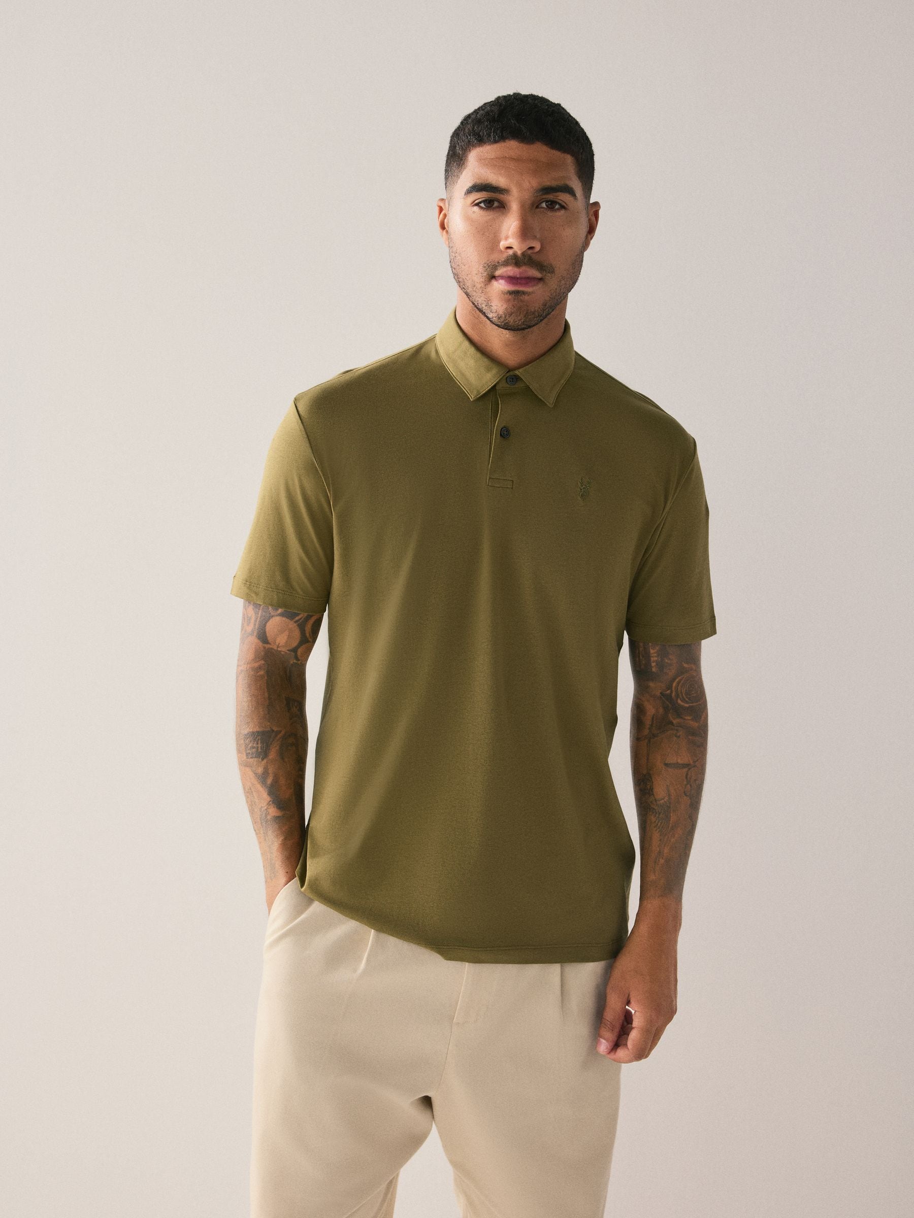 Amber/Olijf/Grijzen - Normale Pasvorm - Set van 5 jersey poloshirts met korte mouwen