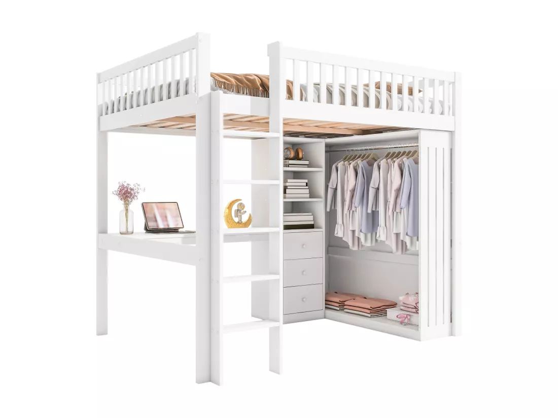 Lit mezzanine 140 x 200 cm avec bureau, armoire et 3 tiroirs - Pin + MDF - Blanc (sans matelas)