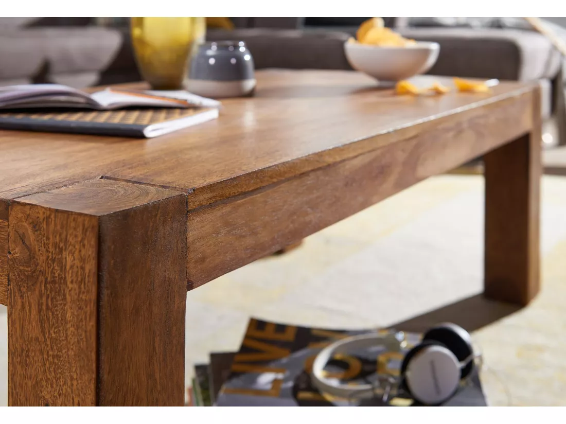table basse en bois massif Sheesham 110cm de large salon table design sombre table de style campagnard brun