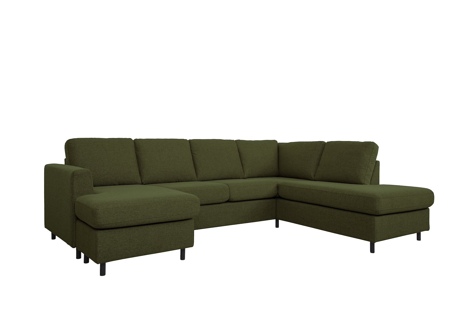 Oslo Plus U-sofa Sjeseong venstre med 2-seter og åpen ende høyre. Tekstil Neve 39 Green med sorte ben