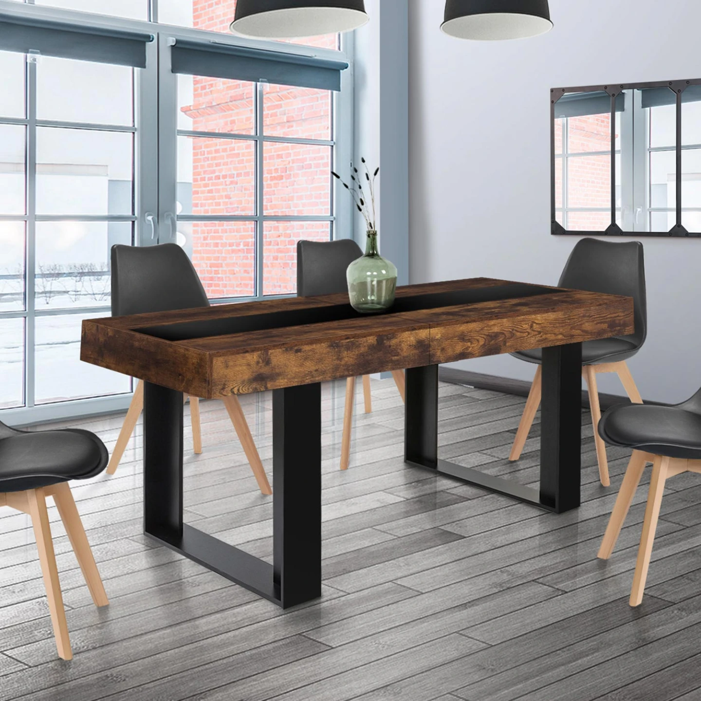 Table à manger extensible rectangle PHOENIX 4-8 personnes bois effet vieilli et noir bande centrale noire 160-200 cm