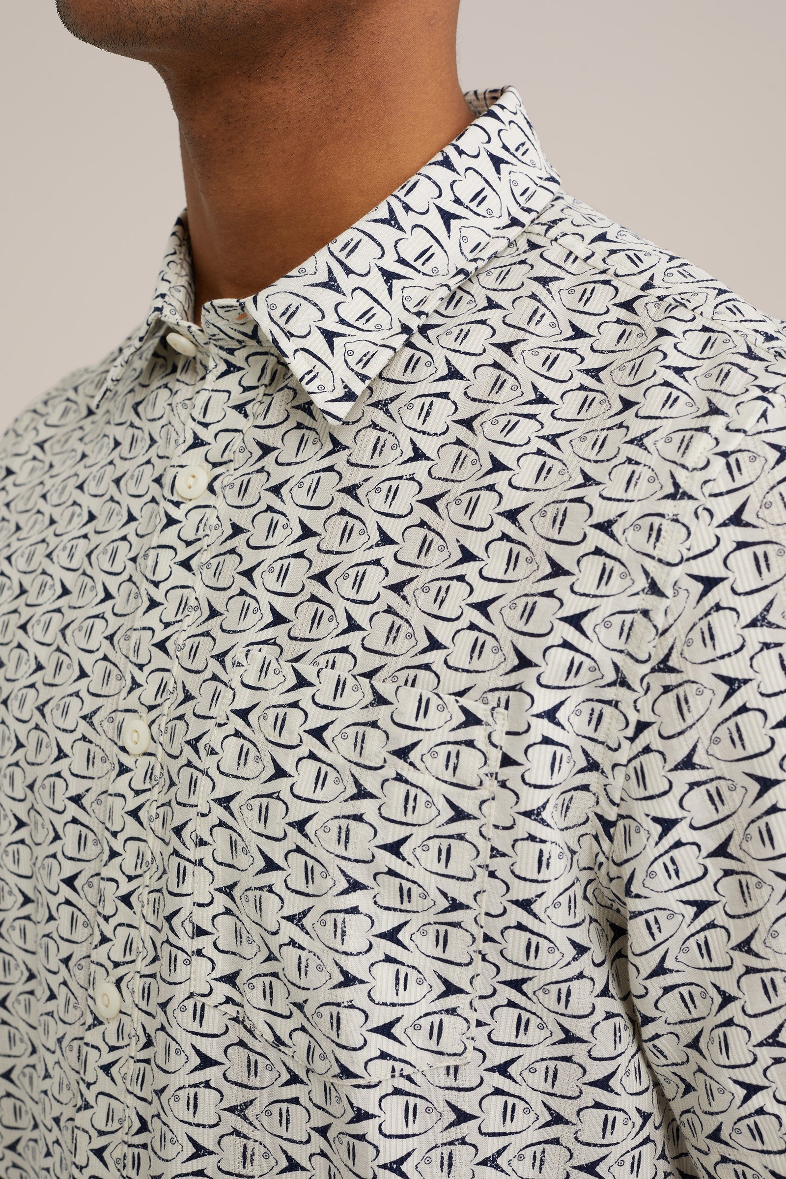 katoenen korte mouw overhemd met structuur print WE Fashion Beige