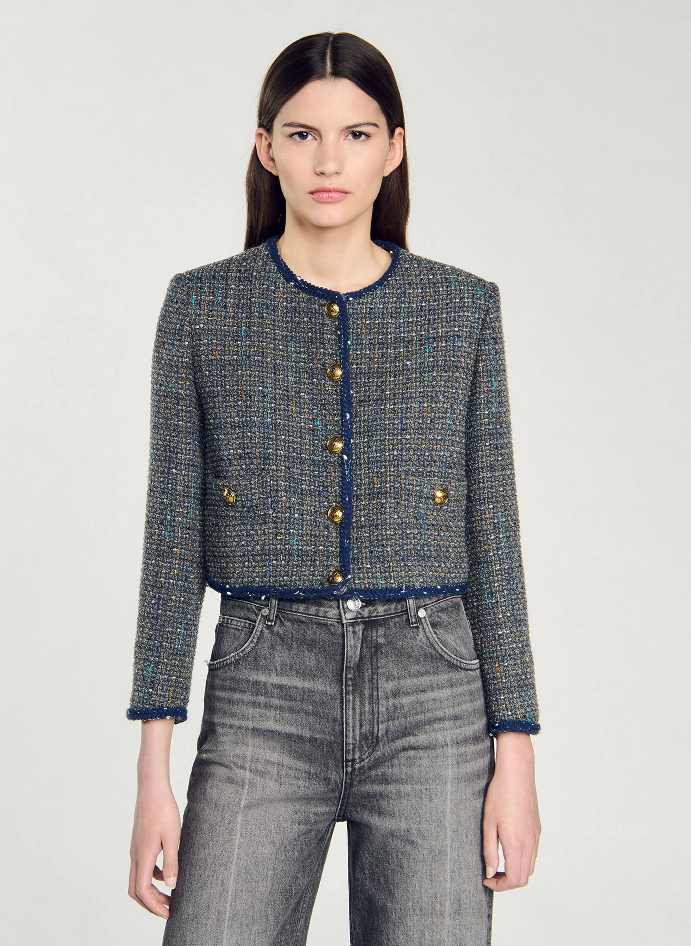 Veste droite col rond en tweed | Gris