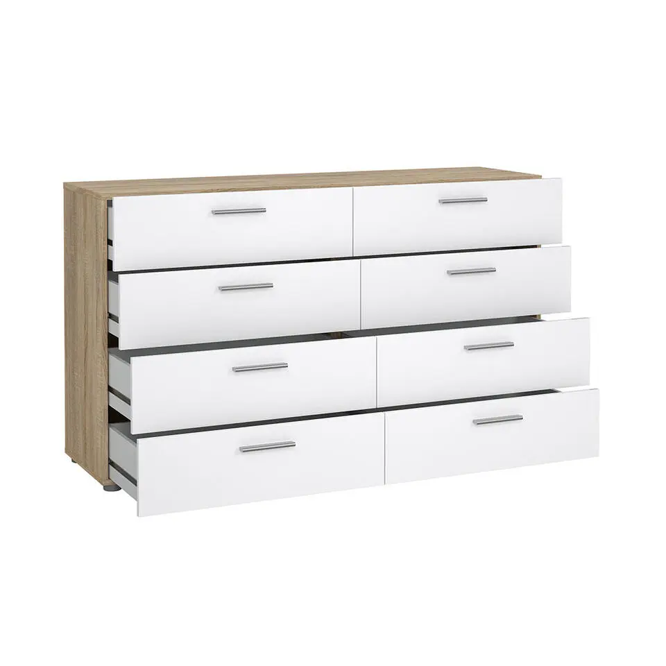 Hioshop Pepe kommode 8 lades eikenstructuur decor- wit hoogglans