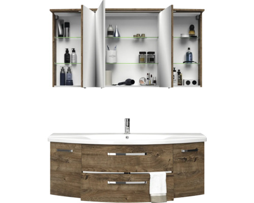 3-delige badkamermeubelset Pelipal xpressline 4010 BxHxD 144 x 200 x 49,5 cm, frontkleur eiken ribbeck, met keramische wastafel in wit en keramische wastafel, wastafelmeubel, spiegelkast met LED-verlichting, greep chroom hoogglans 4010.1400269 401014