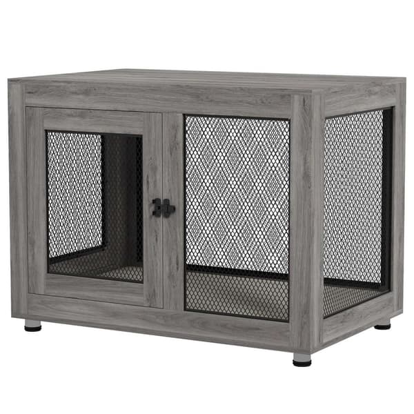 Hundebur til hjemmet, hundebur med 2 dører, vaskbar pute, hundebur med justerbare føtter, lås, for store hunder opptil 30 kg, grå, 94 x 60 x 71,5 cm