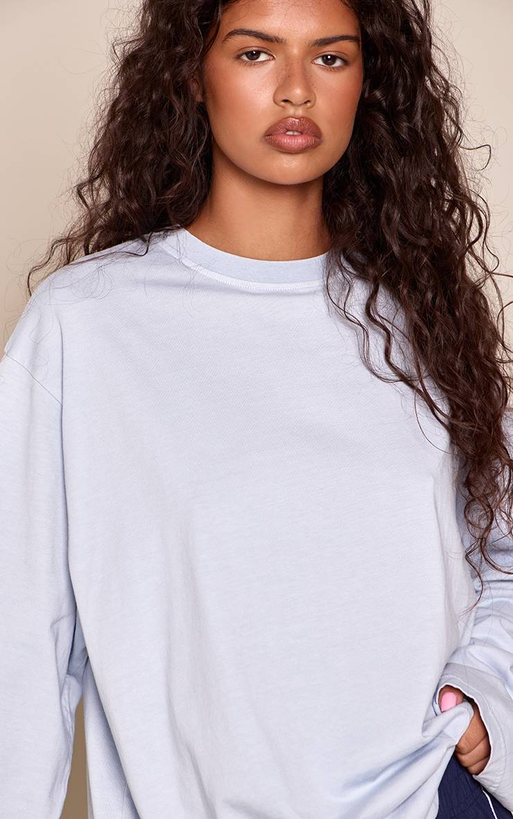Bleu T-shirt Oversize À Manches Longues En Coton Délavé À L'acide