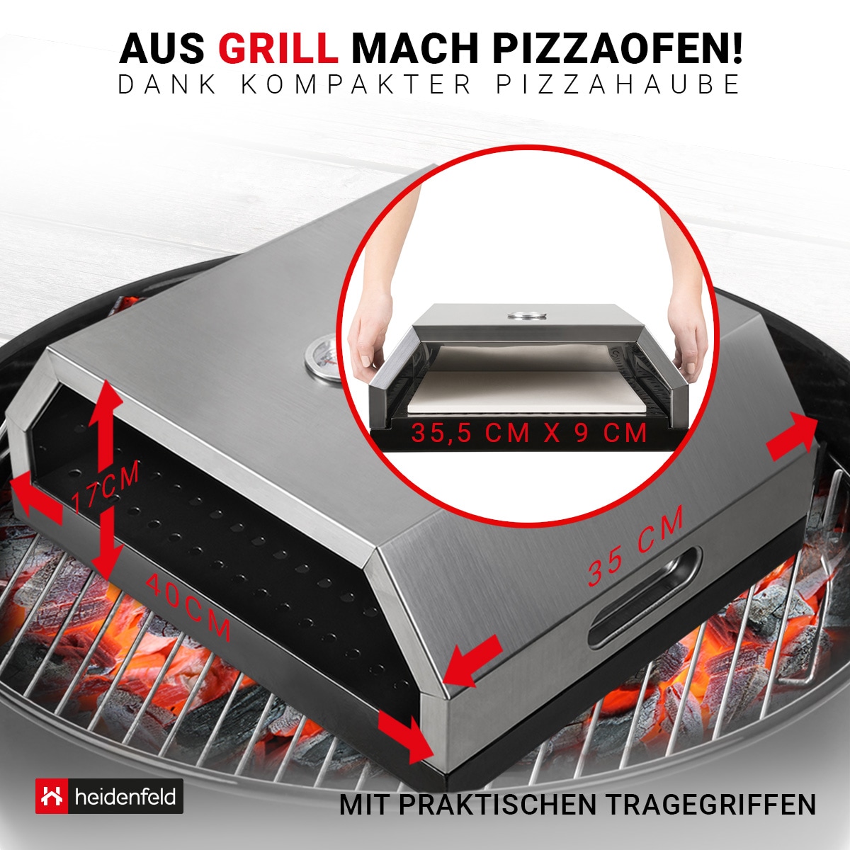 Heidenfeld Pizzaaufsatz Roma für Gasgrill und Holzkohlegrill, Edelstahl, mit Thermometer und Pizzastein