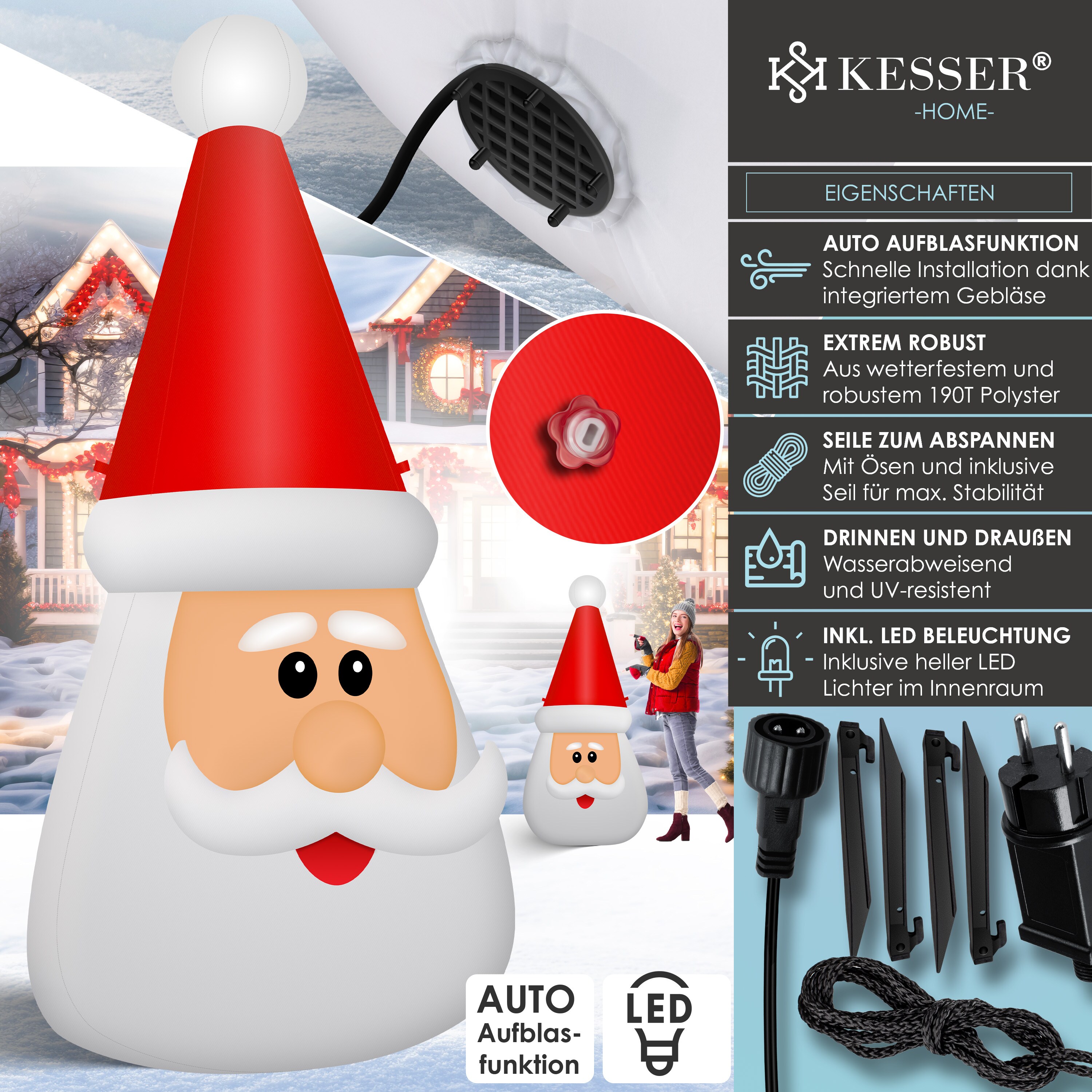 KESSER® Aufblasbare Weihnachtsdeko Premium LED-Beleuchtung, beleuchtete Weihnachtsfigur, IP44 wasserabweisend für Innen- & Außenbereiche, integriertes Gebläse Befestigungsmaterial